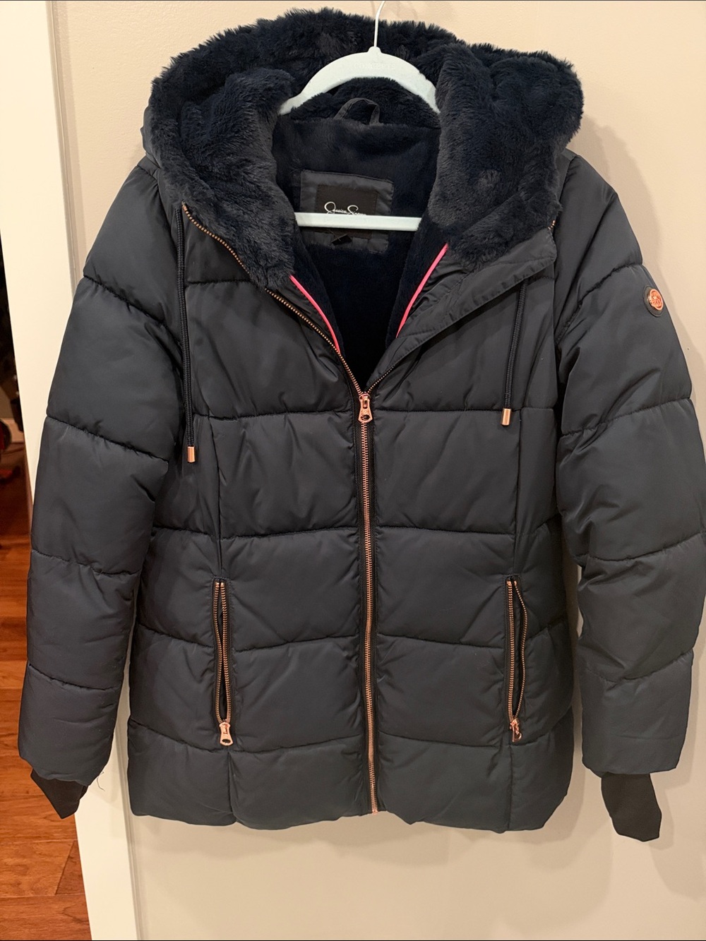 Jessica Simpson Navy Faux Fur Lined Hooded Puffer Jacket